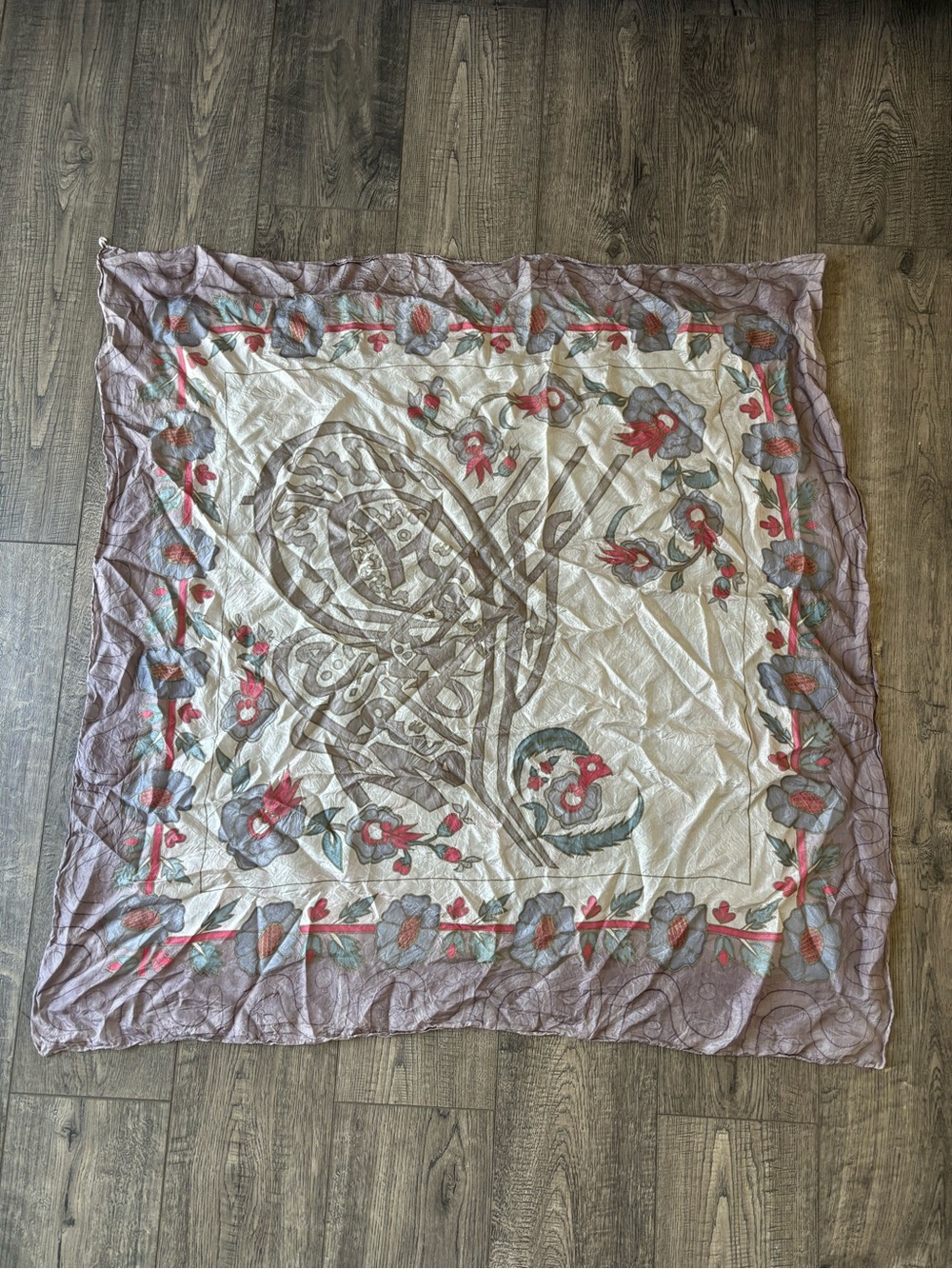 Vintage 70-80’s silk Floral Pattern Square Scarf in Cream, Taupe & Coral 32x32.